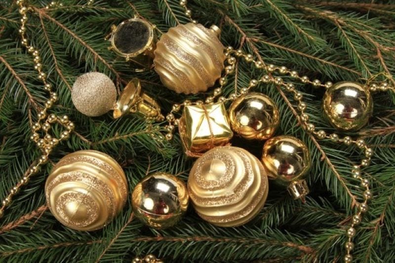 high angle shot golden baubles